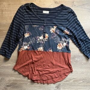 Maurices Navy Floral and Rust Striped Blouse